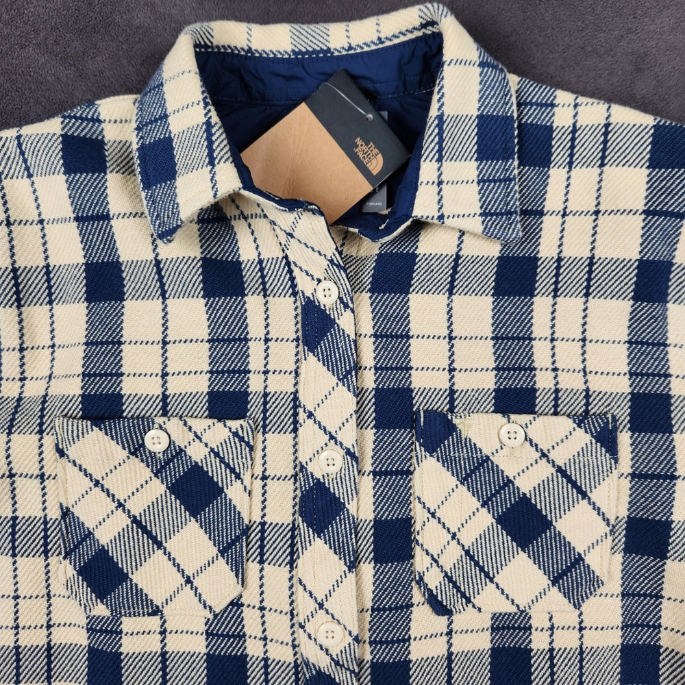 The North Face Valley Twill Shirt Womens XS Blue Cream Plaid Flannel Button NEW